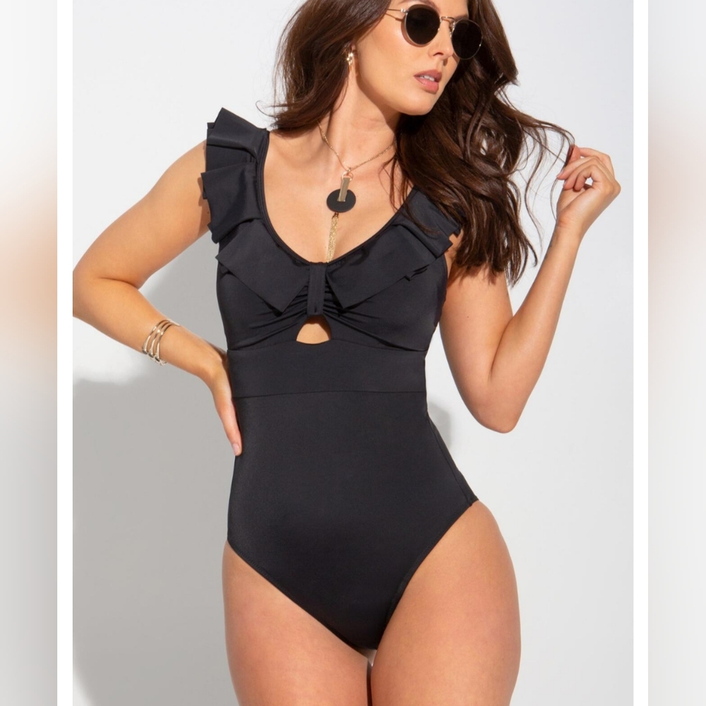 Pour Moi Black Ruffle One-Piece Swimsuit, NWT